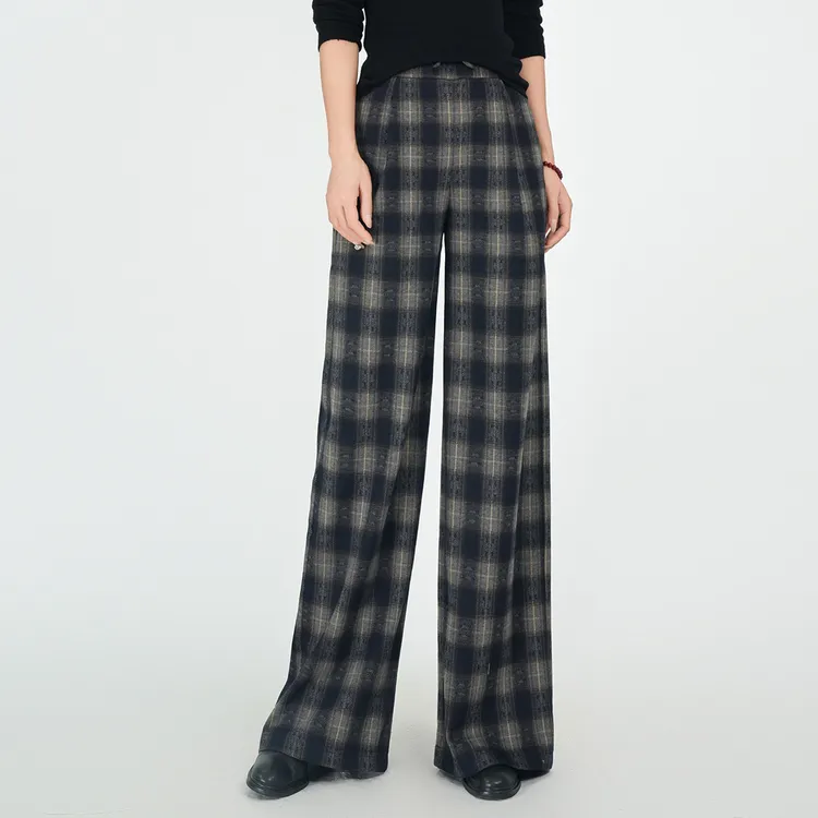 浒城古娘国风复古摩登松弛格纹休闲直筒裤松紧腰长裤女WH05006897