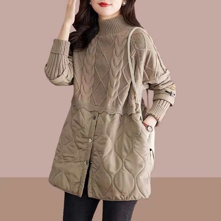 半高领时尚针织毛衣女2025秋季宽松洋气中长款拼接假两件长袖上衣