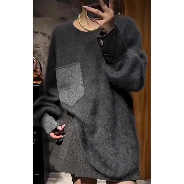 复古慵懒灰色毛衣冬季新款洋气宽松减龄针织衫上衣女设计感小众