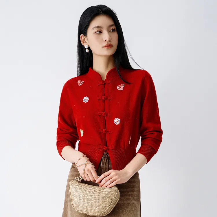新年红2026春季新款国风葫芦刺绣针织开衫外套红色喜庆BMAC911