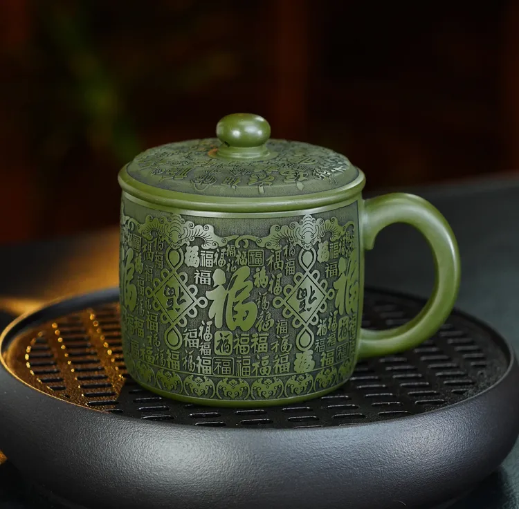 066 宜兴原矿紫砂绿泥全手工刻绘百福图带盖家用办公泡茶杯盖杯