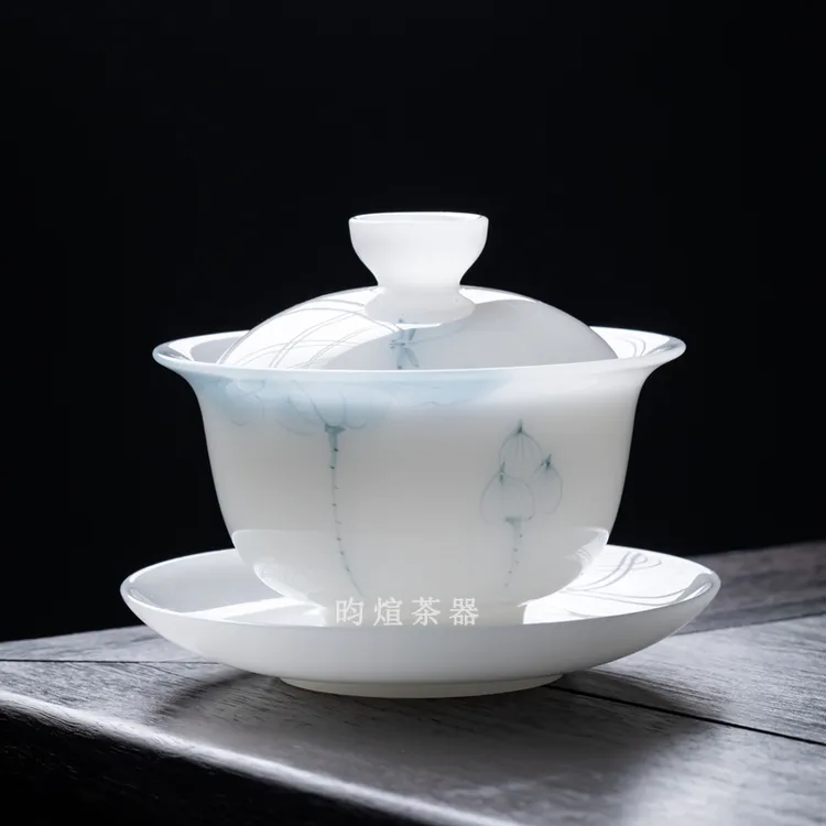 釉下彩手绘冰种璞玉白瓷高档悬停三才盖碗泡茶碗茶杯功夫陶瓷茶具商品图