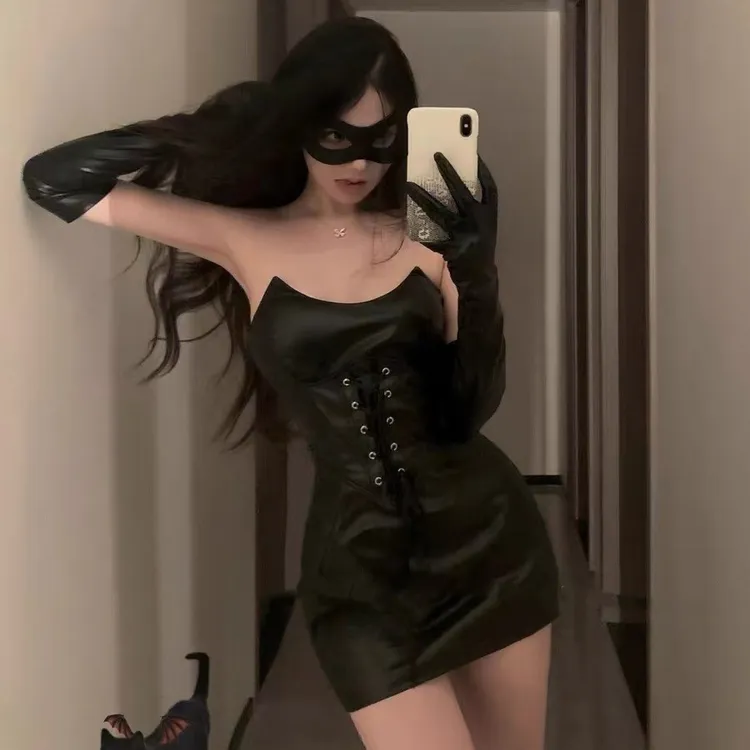 性感魅魔漆皮辣妹恶魔套装趣味睡衣妖娆露臀暗黑显瘦抹胸皮睡裙女