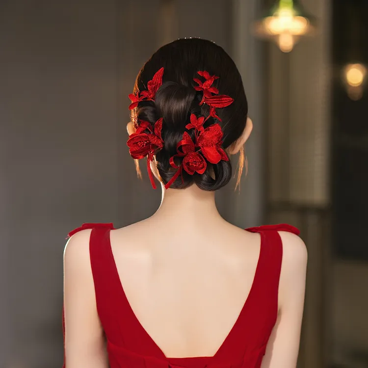 合金婚庆饰品 新娘红色仿真花朵森系后区敬酒婚礼发饰MC3489