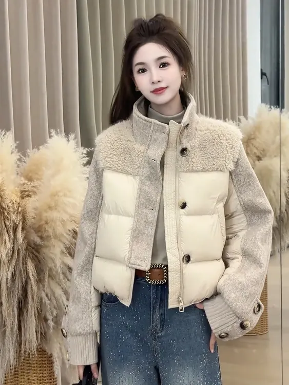 韩系立领羊羔毛拼接羽绒服女2025冬季新款短款宽松休闲白鸭绒外套