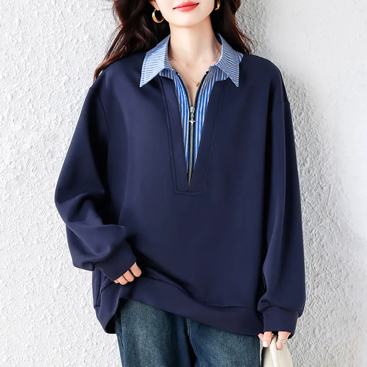 【女神新衣】时尚条纹假两件卫衣女大码宽松上衣秋季2025新款女装
