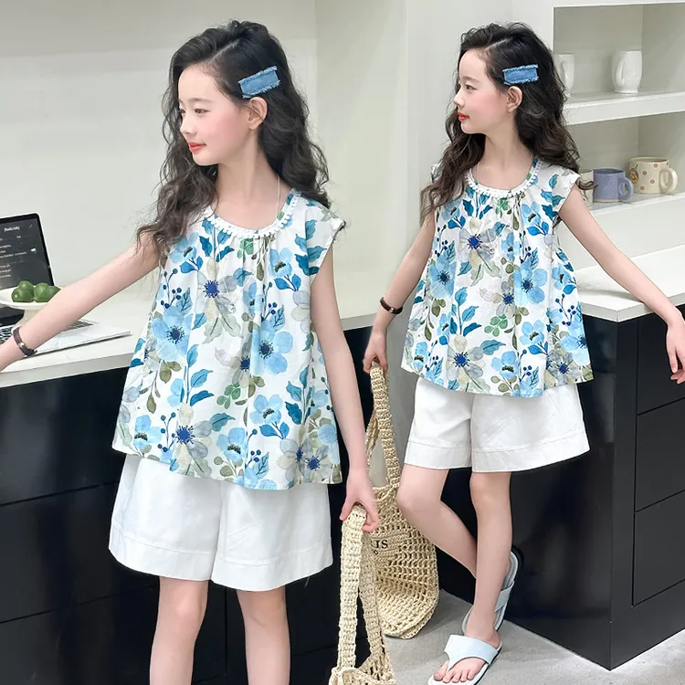 女童夏季套装2025新款儿童韩系碎花无袖上衣中大童棉布短裤两件套