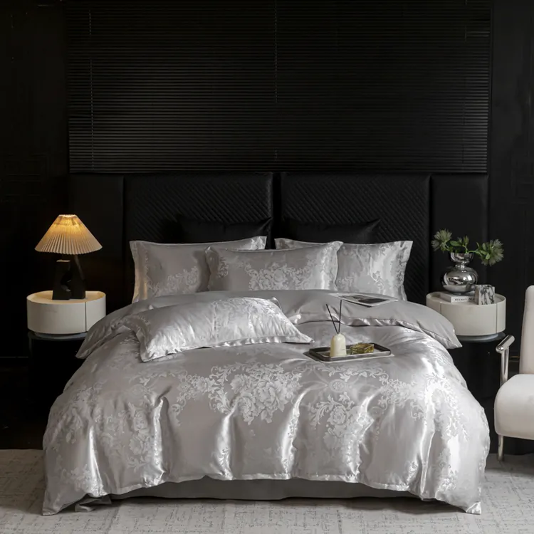 欧式轻奢贡缎提花四件套高端丝滑床品--唯美-灰【试睡30天】