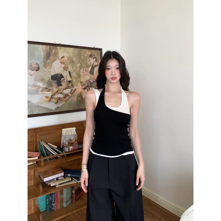 withmin凉皮 时尚编辑 假两件吊带撞色上衣女小众设计感2523533