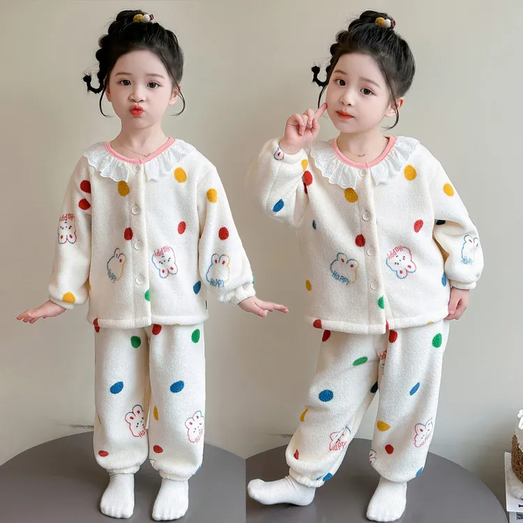 女童睡衣2025新款冬季珊瑚绒女孩开衫套装法兰绒秋冬款儿童家居服