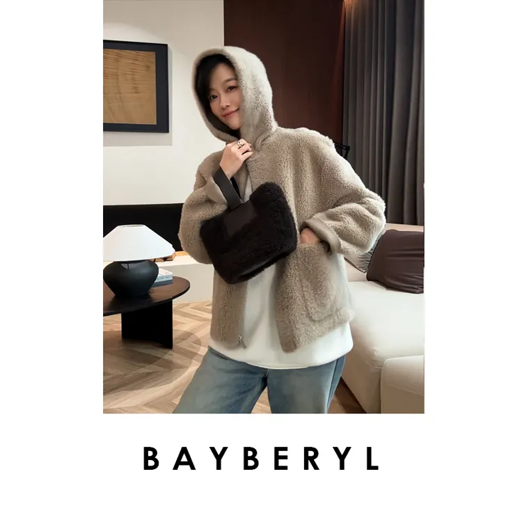 BAYBERYL老贝莫泰*连帽休闲拉链简约口袋秋一体皮衣PY5G3104-9/21