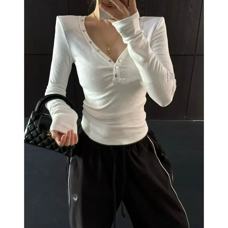 加绒藏肉纯欲V领磨毛打底衫女秋冬新款上衣感辣妹修身显瘦长袖T恤