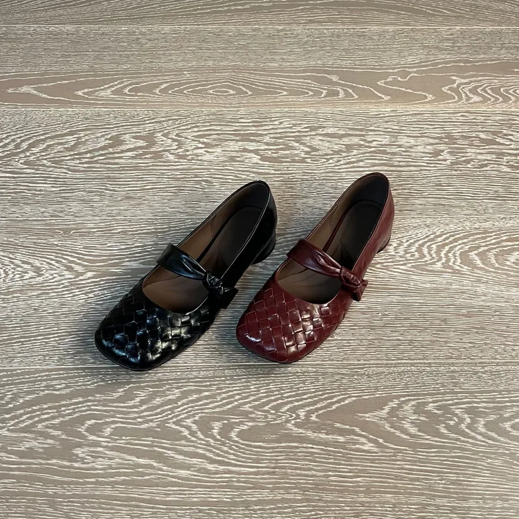 3CM手抓羊皮玛丽珍鞋平底女鞋复古编织方头单鞋低跟牛津鞋浅口鞋