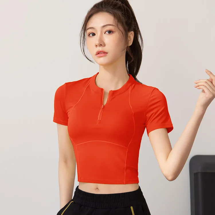 夏季薄款半拉链健身服女跑步速干衣运动短袖T恤紧身瑜伽上衣