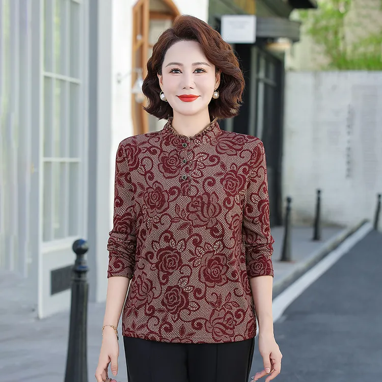 中老年妈妈秋装阔太太时髦女装碎花洋气显瘦时尚百搭上衣打底衫