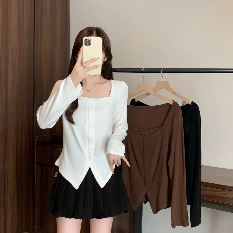 清大码女2025秋季设计感百搭长袖t恤胖mm小个子正肩方领上衣80355