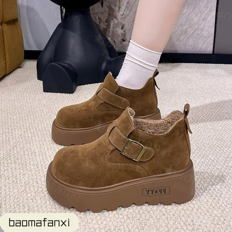 厚底增高勃肯鞋女加绒雪地靴短靴子2025新款冬季高帮女鞋乐福棉鞋