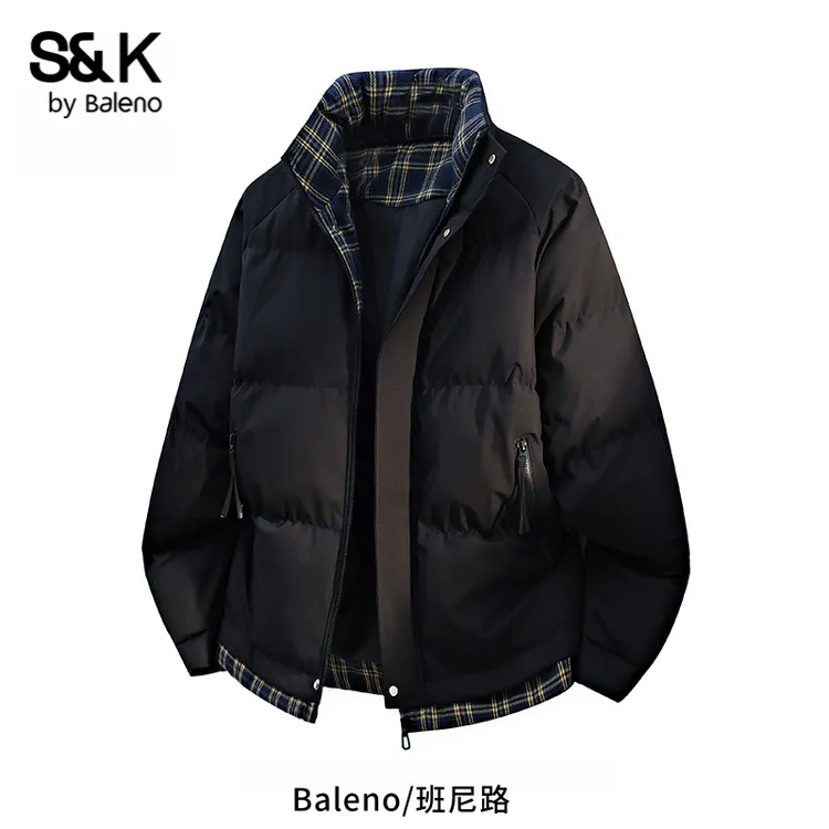 班尼路潮流假两件拼接棉衣男士冬季新款宽松立领保暖休闲棉服外套