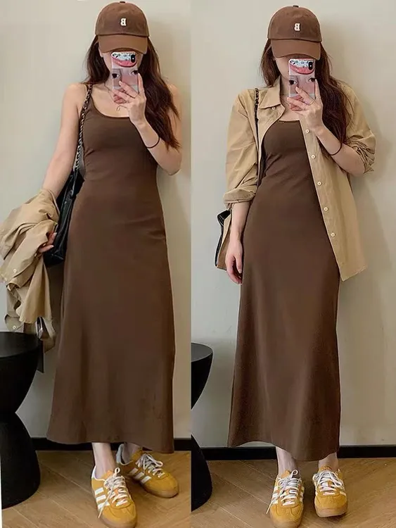 大码女装早秋气质吊带背心连衣裙＋衬衫外套修身显瘦套装