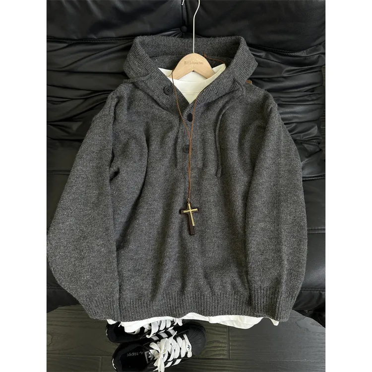 美式连帽毛衣男款秋冬季潮牌休闲套头针织卫衣宽松情侣高级感上衣