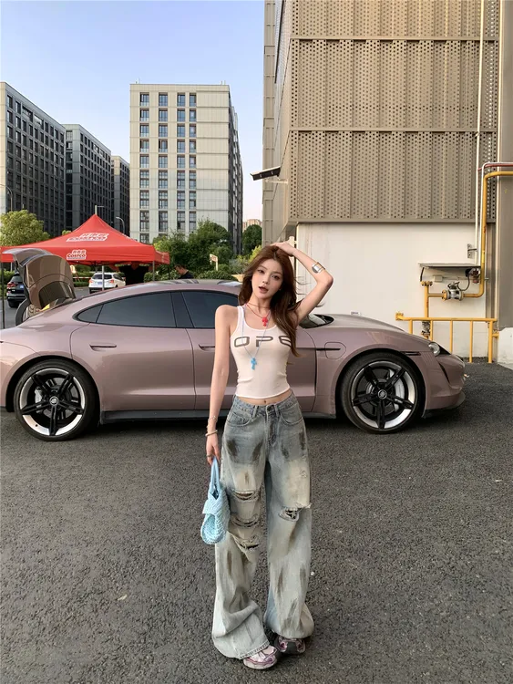 小众破洞牛仔裤美式复古做旧水洗直筒裤拖地裤辣妹长裤