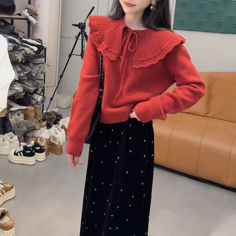 欧货荷叶领针织衫女秋冬新款时尚百搭洋气减龄蝴蝶结系带红色毛衣