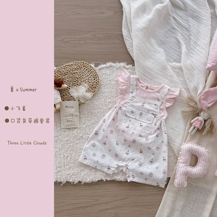 三小朵2637【小飞象来喽】夏季婴幼儿可爱卡通背带套装上衣+背带