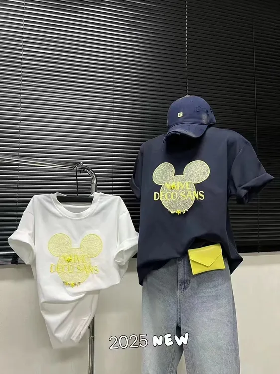 【二妹专属】夏季25新款韩系正肩女t恤米奇蕾丝刺绣减龄圆领百搭短袖上衣