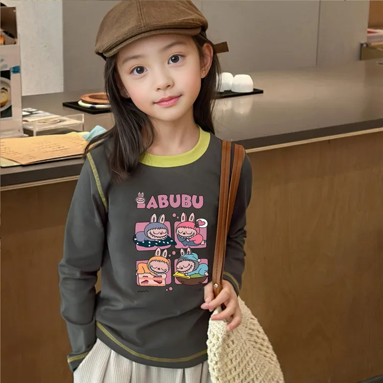 儿童纯棉洋气撞色长袖春秋新款纯棉女宝舒适圆领内搭T恤衫上衣