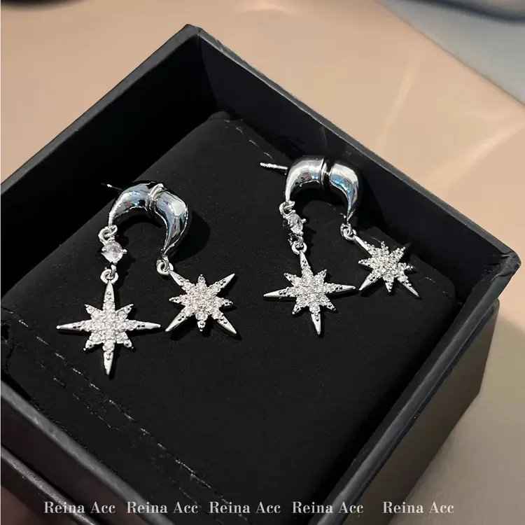 合金锆石耳饰 一款两戴不对称八芒星耳钉2025爆款个性甜酷耳饰YJ