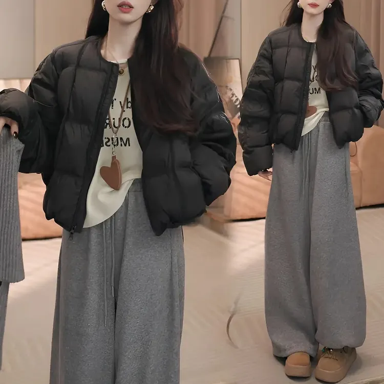 韩版2025冬季新款宽松保暖加厚棉服女高级感豆腐块圆领棉衣面包服