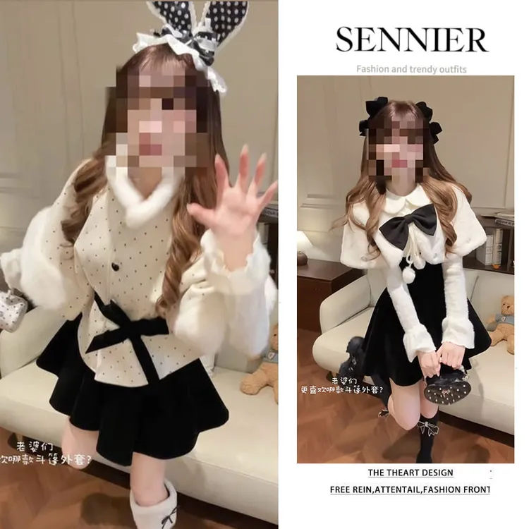 早春温柔系穿搭女2026新款韩版保暖波点斗篷外套假两件连衣裙套装