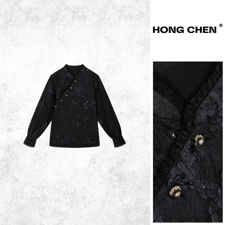 【虹辰】高端复古蕾丝烧花时尚百搭气质荷叶边百搭高级感衬衣HC2858