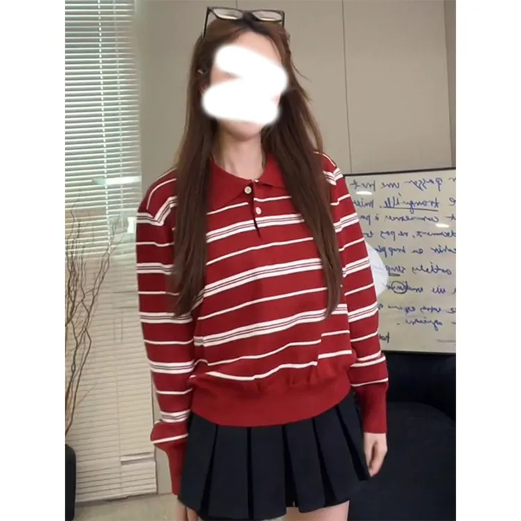 早秋季长袖t恤女2025新款韩系穿搭设计感红色条纹针织polo衫上衣