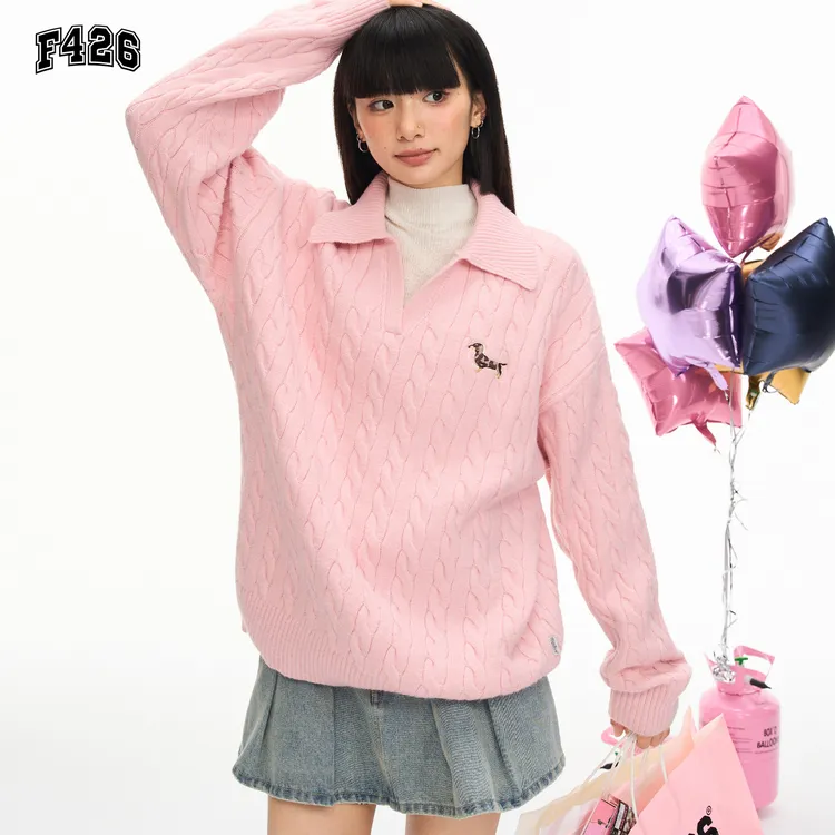 F426国潮秋季新款腊肠狗V领麻花毛衣7183 XH