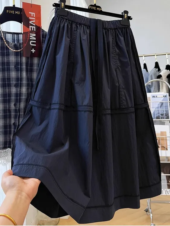 高级感独特别致高腰A字半身裙女2025夏季中长款设计感拼接裙子潮