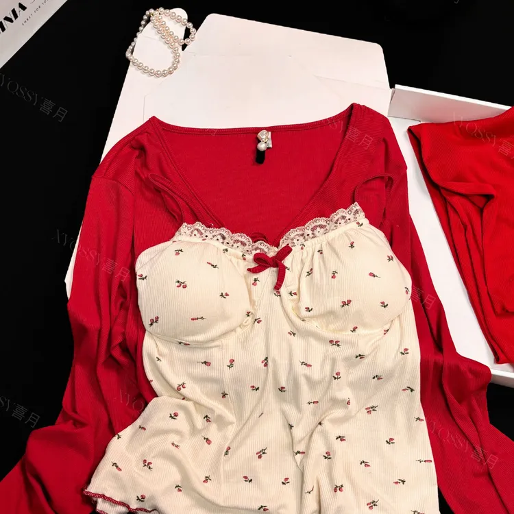 璎珞甜美少女红色代尔棉睡衣女吊带胸垫碎花舒适本命年外出家居服