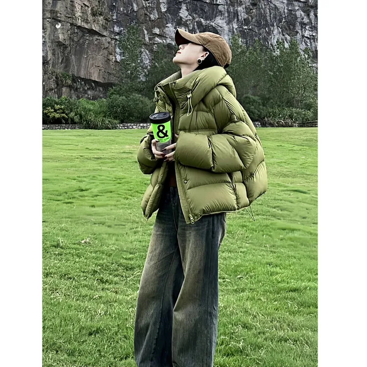UQS简约短款女羽绒服2025冬季洋气绿色连帽外套舒适保暖羽绒服