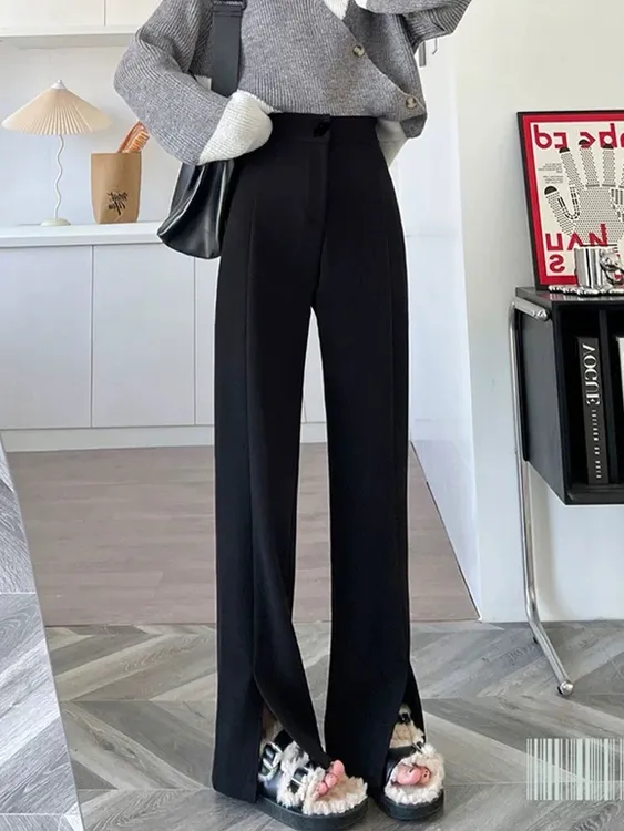 百搭必备加绒裤子窄版直筒裤冬天开叉微喇弹力裤