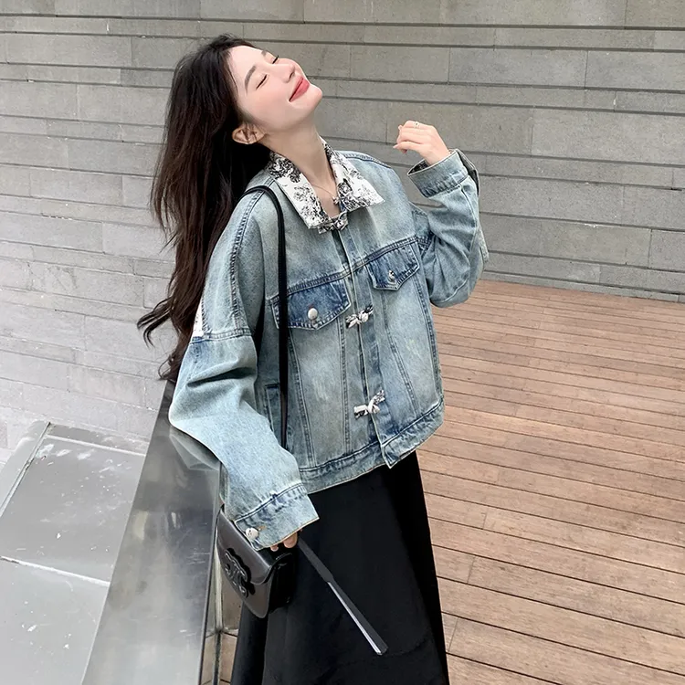 中式风水墨画拼接蓝色水洗牛仔衣外套女小个子短款高端夹克上衣