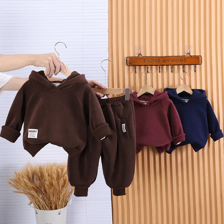 【沫沫家】男女宝秋冬款加绒牛角两件套休闲冬季连帽卫衣套装潮