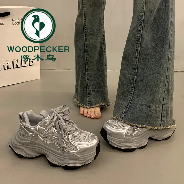 啄木鸟爆款女增高春季新款银色百搭休闲运动鞋小白鞋透气鞋子