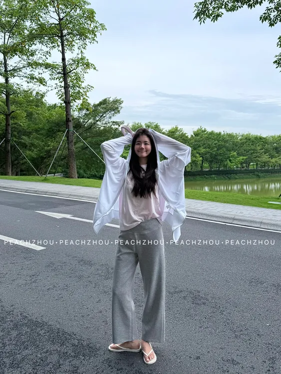 『PEACHZHOU』弹力九分瘦瘦裤'舒适显瘦'宽松基础松紧腰直筒休闲裤