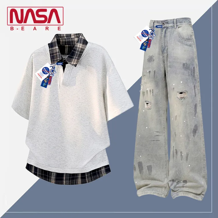 NASA联名美式cleanfit短袖时尚套装男生夏季格纹Polo杉破洞牛仔裤