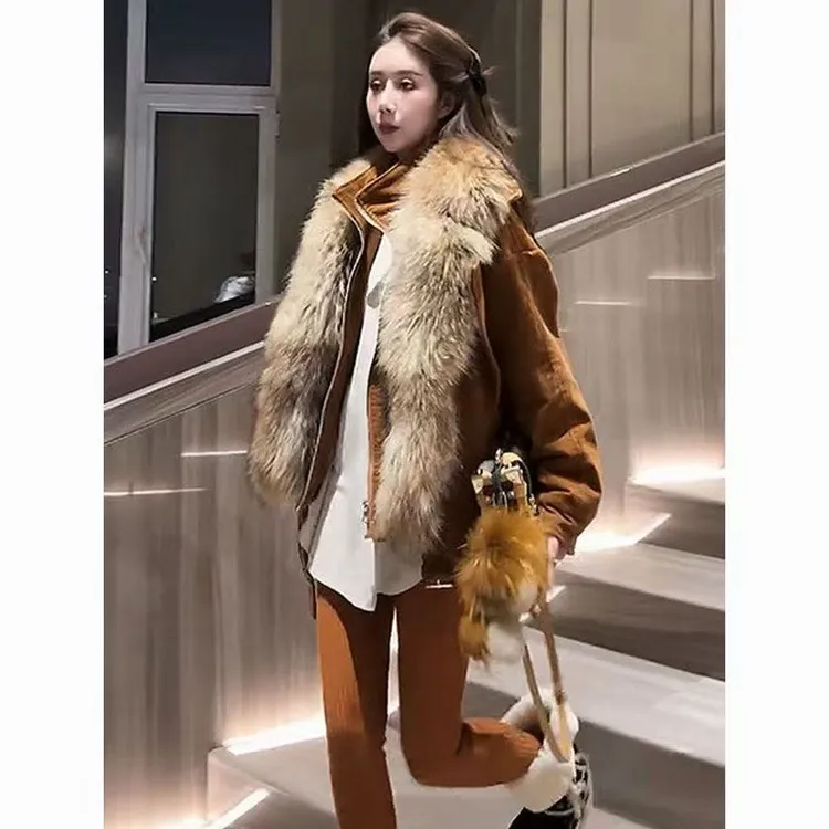 人造皮草 可拆卸毛领灯芯绒外套2025新款保暖工装夹克显瘦上衣冬