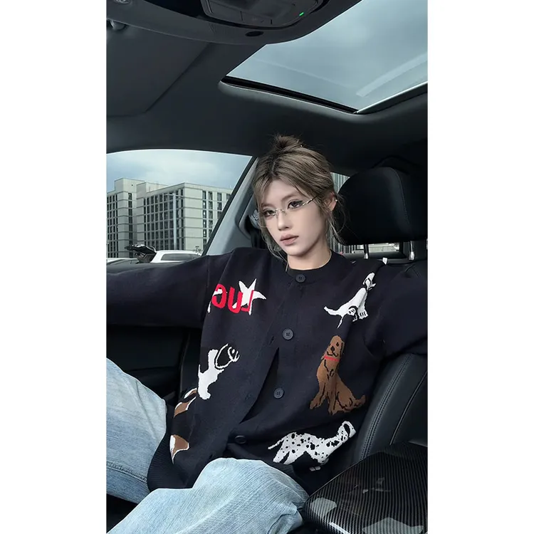 复古趣味小狗毛衣开衫男女2025秋季外套慵懒风线衫情侣针织衫上衣