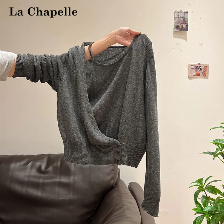 拉夏贝尔假两件镂空纽扣露肩针织长袖T恤女秋季松弛感宽松小上衣