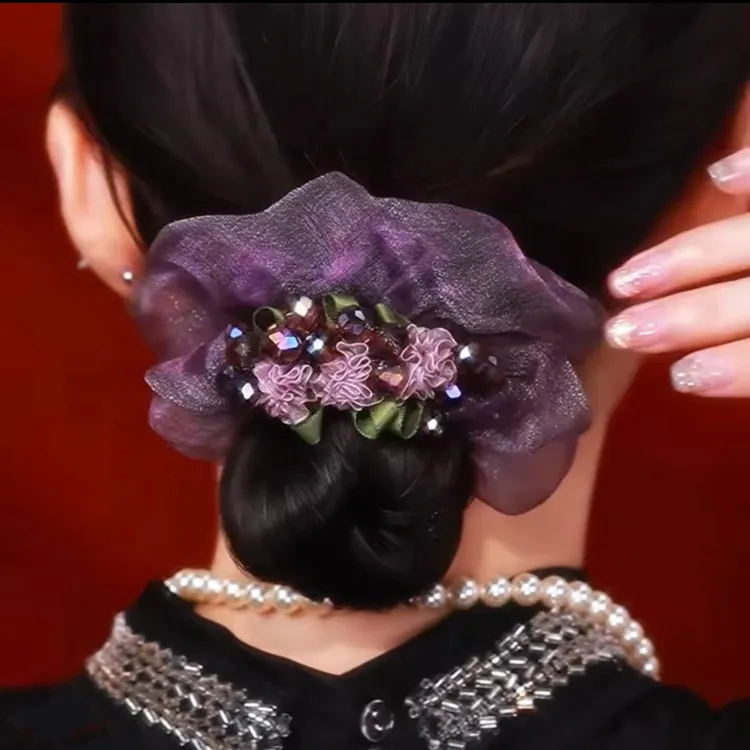 未来发饰 夏季新款“紫荆花”高级感轻奢高弹力闪钻欧根纱花朵发圈