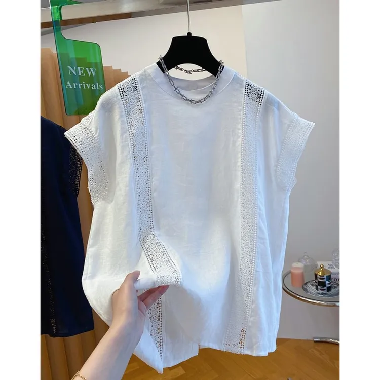00599高端设计年轻款无袖上衣女夏季宽松镂空蕾丝拼接坎肩衬衫