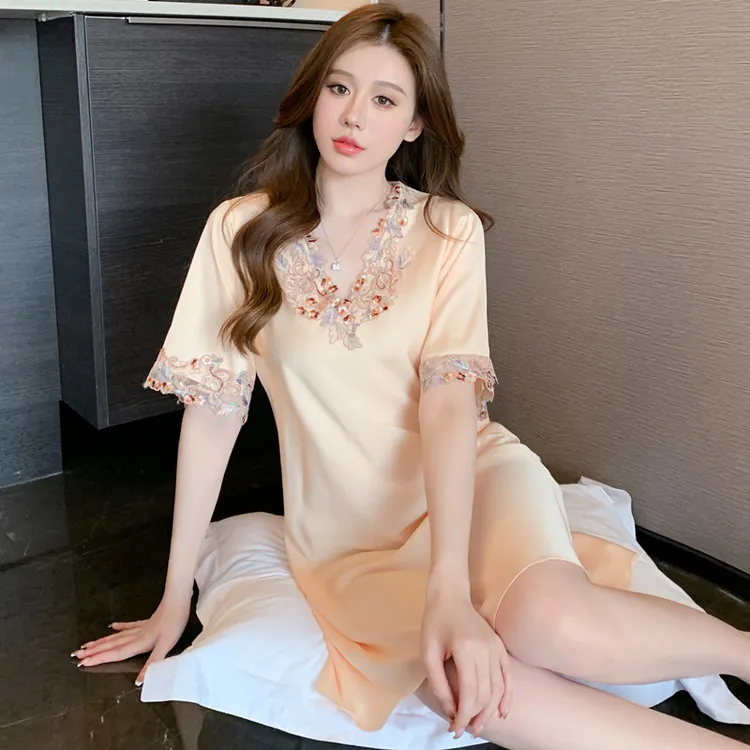 【520礼物】新款五彩花边丝绸睡裙女冰丝睡裙夏季连衣裙高贵家居服商品图